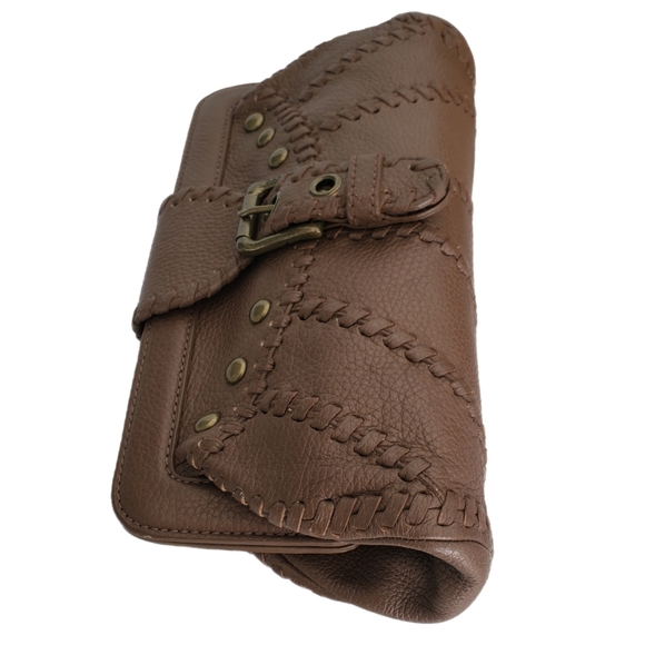 Isabella Fiore Brown Leather Bronze Studded Accents Clutch Handbag - Picture 6 of 7